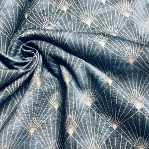 Diamond Art Deco Rhombus Damask Peacock Fan Fabric - Furnishing, Curtains, Upholstery Material - 55"/140cm Wide - Navy Blue & Gold