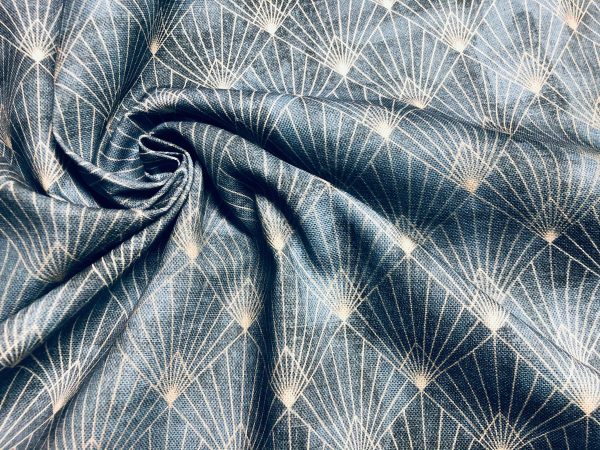 Diamond Art Deco Rhombus Damask Peacock Fan Fabric - Furnishing, Curtains, Upholstery Material - 55"/140cm Wide - Navy Blue & Gold