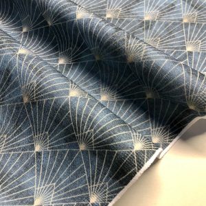Diamond Peacock Fan Fabric Art Deco Rhombus Damask - Furnishing, Curtains, Upholstery Material - 125" or 320cm EXTRA Wide - Navy Blue & Gold
