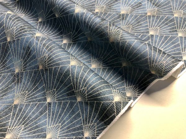Diamond Peacock Fan Fabric Art Deco Rhombus Damask - Furnishing, Curtains, Upholstery Material - 125" or 320cm EXTRA Wide - Navy Blue & Gold
