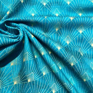 Diamond Art Deco Rhombus Damask Peacock Fan Fabric - Furnishing, Curtains, Upholstery Material - 55"/140cm Wide - Turquoise & Gold