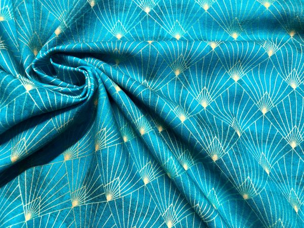 Diamond Art Deco Rhombus Damask Peacock Fan Fabric - Furnishing, Curtains, Upholstery Material - 55"/140cm Wide - Turquoise & Gold