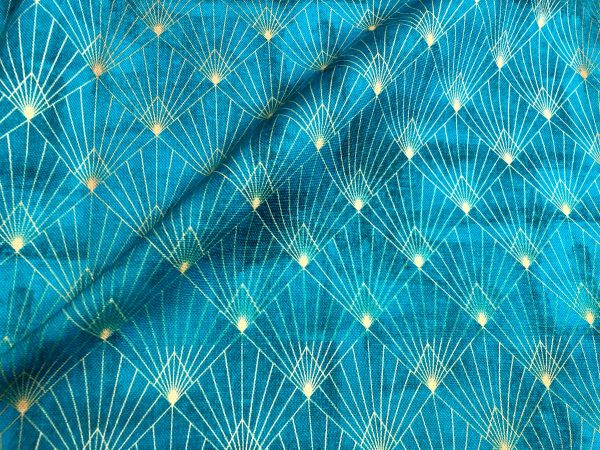Diamond Art Deco Rhombus Damask Peacock Fan Fabric - Furnishing, Curtains, Upholstery Material - 55"/140cm Wide - Turquoise & Gold - Image 2