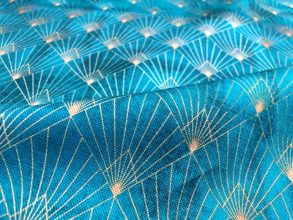 Diamond Art Deco Rhombus Damask Peacock Fan Fabric - Furnishing, Curtains, Upholstery Material - 55"/140cm Wide - Turquoise & Gold - Image 4
