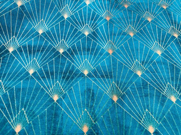 Diamond Art Deco Rhombus Damask Peacock Fan Fabric - Furnishing, Curtains, Upholstery Material - 55"/140cm Wide - Turquoise & Gold - Image 5
