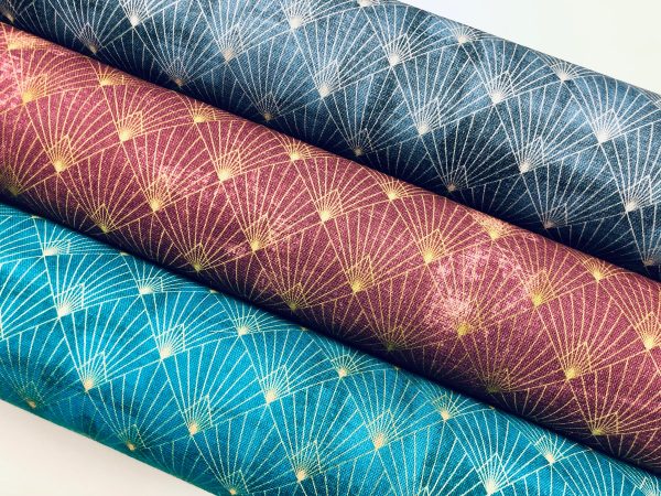 Diamond Art Deco Rhombus Damask Peacock Fan Fabric - Furnishing, Curtains, Upholstery Material - 55"/140cm Wide - Turquoise & Gold - Image 6