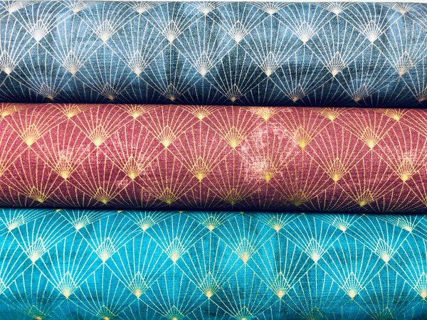 Diamond Art Deco Rhombus Damask Peacock Fan Fabric - Furnishing, Curtains, Upholstery Material - 55"/140cm Wide - Turquoise & Gold - Image 7