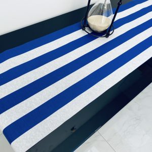 ROYAL BLUE & WHITE Striped Teflon Table Runner For Events, Weddings, Home decor, Water Repellent - 12'' wide - Any Length