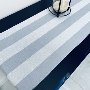 SILVER GREY & WHITE Striped Teflon Table Runner For Events, Weddings, Home decor, Water Repellent - 12'' wide - Any Length