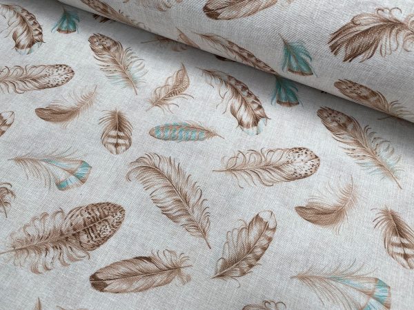 Feathers Fabric Falling Wing Falling Feather Canvas - Curtains, Upholstery, Dress Material - 140 cm or 55" Wide Textile - Beige Turquoise
