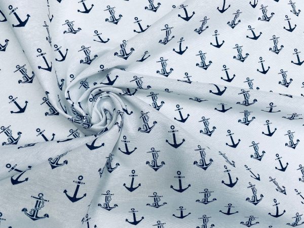 Small Anchor Fabric - Curtains, Upholstery, Dress Material - Ocean Marine Design - 140 cm Wide Textile - White