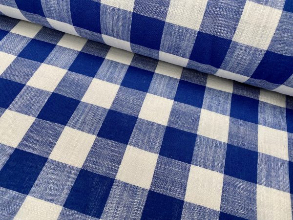BRIGHT BLUE & White Gingham Linen Checked Linen Fabric Plaid Material Buffalo Check Cotton Yarn Tartan - 59" or 150cm wide