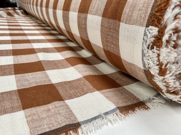 Light Brown & White Gingham Linen Checked Terracotta Linen Fabric Plaid Material Buffalo Check Cotton Yarn Tartan - 59" or 150cm wide - Image 2