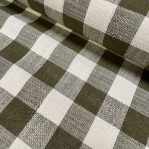 Khaki Green & White Gingham Linen Checked Linen Fabric Plaid Material Buffalo Check Cotton Yarn Tartan - 59" or 150cm wide