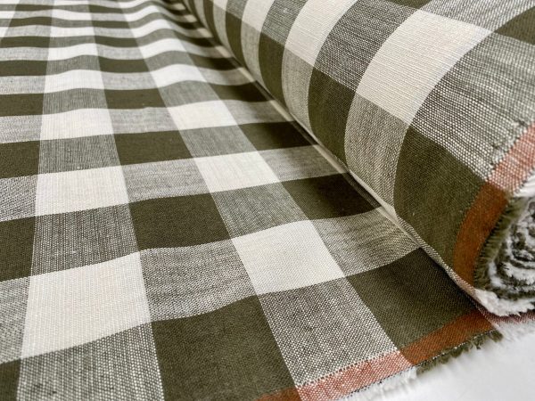 Khaki Green & White Gingham Linen Checked Linen Fabric Plaid Material Buffalo Check Cotton Yarn Tartan - 59" or 150cm wide - Image 2