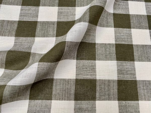 Khaki Green & White Gingham Linen Checked Linen Fabric Plaid Material Buffalo Check Cotton Yarn Tartan - 59" or 150cm wide - Image 4