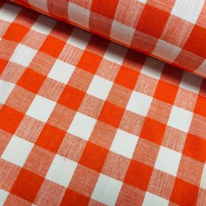 Orange & White Gingham Linen Checked Linen Fabric Plaid Material Buffalo Check Cotton Yarn Tartan - 59" or 150cm wide