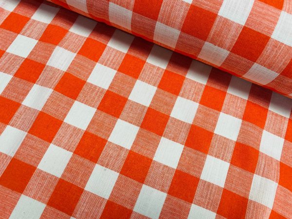 Orange & White Gingham Linen Checked Linen Fabric Plaid Material Buffalo Check Cotton Yarn Tartan - 59" or 150cm wide
