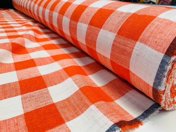 Orange & White Gingham Linen Checked Linen Fabric Plaid Material Buffalo Check Cotton Yarn Tartan - 59" or 150cm wide - Image 2