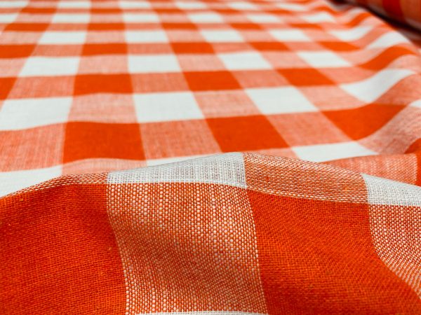 Orange & White Gingham Linen Checked Linen Fabric Plaid Material Buffalo Check Cotton Yarn Tartan - 59" or 150cm wide - Image 3