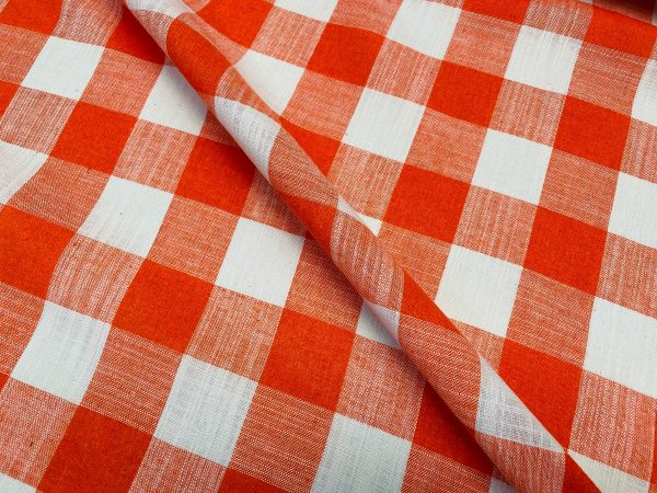 Orange & White Gingham Linen Checked Linen Fabric Plaid Material Buffalo Check Cotton Yarn Tartan - 59" or 150cm wide - Image 4