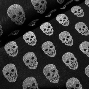 Skulls - Glitter Silver Thread Lurex Fabric Metallic Look Double Face Jacquard Material Curtain, Upholstery - 55"/140cm wide - Black