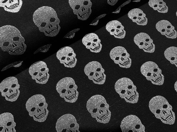 Skulls - Glitter Silver Thread Lurex Fabric Metallic Look Double Face Jacquard Material Curtain, Upholstery - 55"/140cm wide - Black