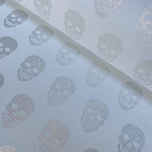 Skulls - Glitter Silver Thread Lurex Fabric Metallic Look Halloween Skull Double Face Jacquard Material Curtain, Upholstery - 55"/140cm wide - White