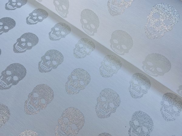 Skulls - Glitter Silver Thread Lurex Fabric Metallic Look Halloween Skull Double Face Jacquard Material Curtain, Upholstery - 55"/140cm wide - White