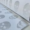 Skulls - Glitter Silver Thread Lurex Fabric Metallic Look Halloween Skull Double Face Jacquard Material Curtain, Upholstery - 55"/140cm wide - White - Image 3