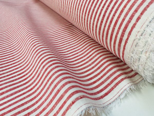 Candy Stripe Linen Fabric Light Cotton Material Cute Striped White Linen Home Decor, Dressmaking - 59" or 150cm wide - Red