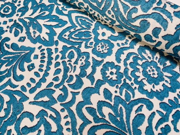 Abstract Blue Floral Pattern Fabric Material for Home Decor, Curtains, Upholstery - 55"/140cm Wide Canvas - Blue & Cream