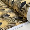 Art Deco Geometric Damask Floral Fan Fabric Fountain Leaf - Curtain Upholstery Home decor - 110"/280cm EXTRA Wide - Gold & Black