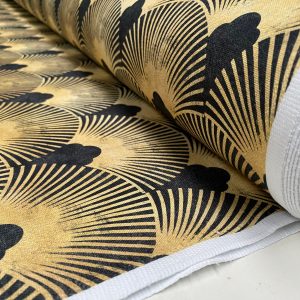 Art Deco Geometric Damask Floral Fan Fabric Fountain Leaf - Curtain Upholstery Home decor - 110"/280cm EXTRA Wide - Gold & Black