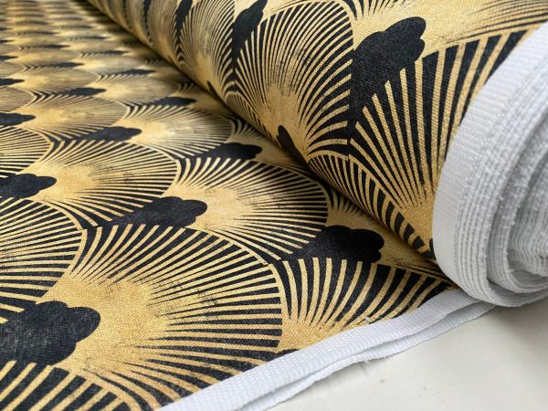 Art Deco Geometric Damask Floral Fan Fabric Fountain Leaf - Curtain Upholstery Home decor - 110"/280cm EXTRA Wide - Gold & Black