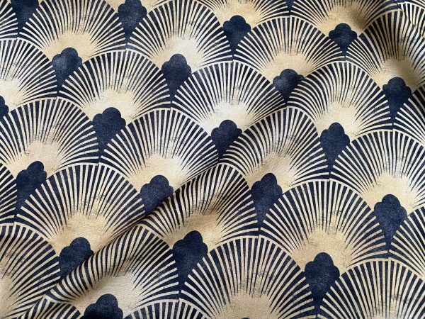 Art Deco Geometric Damask Floral Fan Fabric Fountain Leaf - Curtain Upholstery Home decor - 55"/140cm Wide - Gold & Black