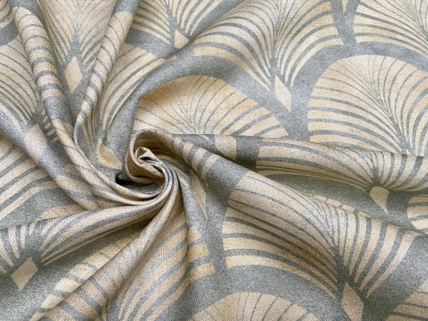 Art Deco Geometric Damask Floral Fan Fabric Fountain Leaf - Curtain Upholstery Home decor - 55"/140cm Wide - Gold & Grey