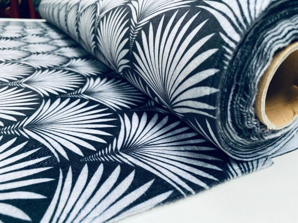Velvet Art Deco Geometric Damask Floral Fan Fabric Fountain Leaf - Curtain Upholstery Home decor - 140"/280cm EXTRA Wide -  Black & Grey