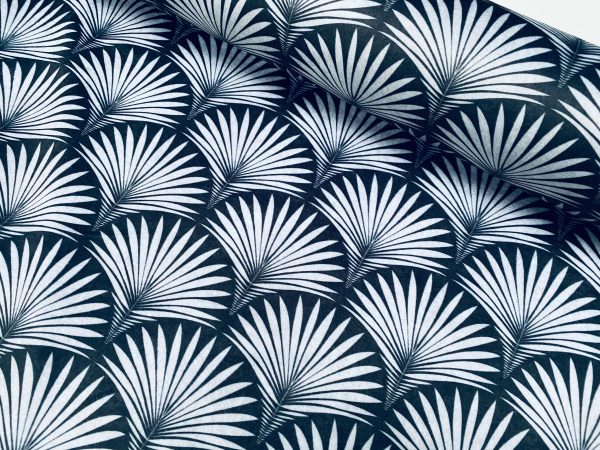 Velvet Art Deco Geometric Damask Floral Fan Fabric Fountain Leaf - Curtain Upholstery Home decor - 55"/140cm Wide -  Black & Grey