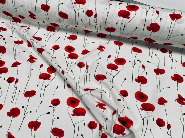 Red Poppy Flowers Fabric Remembrance Day Poppies Field Curtain Material for Dress Decor Curtain Upholstery - 55" or 140cm Wide Canvas