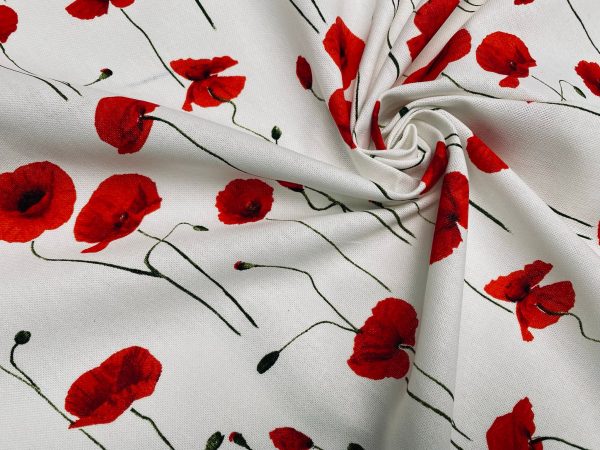 Red Poppy Flowers Fabric Remembrance Day Poppies Field Curtain Material for Dress Decor Curtain Upholstery - 55" or 140cm Wide Canvas - Image 2