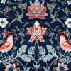Folklore Motif Fabric Printed Forest Flowers Birds Home Decor Curtain Upholstery Ethnic Material 140cm or 55" wide -Black & Red