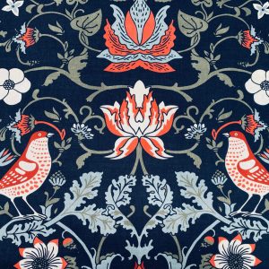 Folklore Motif Fabric Printed Forest Flowers Birds Home Decor Curtain Upholstery Ethnic Material 140cm or 55" wide -Black & Red