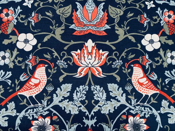 Folklore Motif Fabric Printed Forest Flowers Birds Home Decor Curtain Upholstery Ethnic Material 140cm or 55" wide -Black & Red