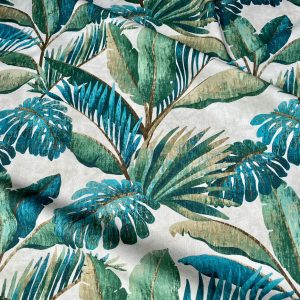 Teal Palm Leaves Banana Tropical Leaf Fabric Linen Look Material for Home Decor Curtain Upholstery - 53" or 136cm Wide Canvas