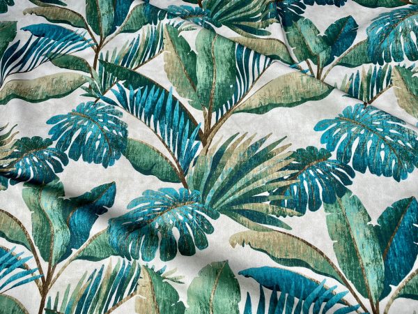 Teal Palm Leaves Banana Tropical Leaf Fabric Linen Look Material for Home Decor Curtain Upholstery - 53" or 136cm Wide Canvas