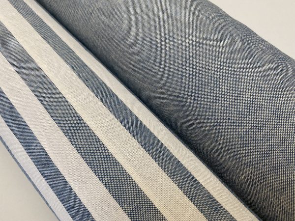Linen Look White STRIPES Culla Fabric Furnishing Curtain Upholstery Dressmaking Cotton Material 110″/280cm EXTRA Wide Canvas - Denim Blue - Image 5