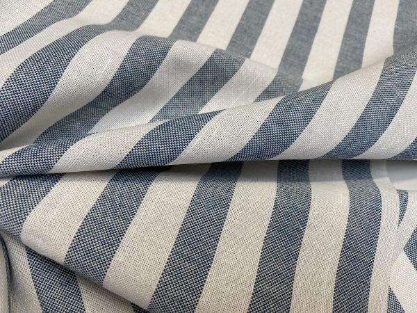 Linen Look White STRIPES Culla Fabric Furnishing Curtain Upholstery Dressmaking Cotton Material 110″/280cm EXTRA Wide Canvas - Denim Blue - Image 3