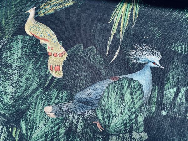 Jungle Birds Black Green Palm Leaves Tropical Leaf Fabric Peacock Flamingo Material for Home Decor Curtain Upholstery - 55" (140cm) Wide - Image 2