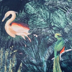 Jungle Birds Black Green Palm Leaves Tropical Leaf Fabric Peacock Flamingo Material for Home Decor Curtain Upholstery - 55" (140cm) Wide